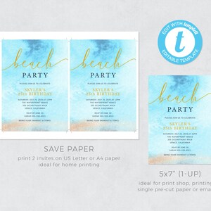 Pu&ograve; includere: Due modelli modificabili per un invito a una festa in spiaggia. L'invito presenta uno sfondo ad acquerello con onde blu e bianche e un carattere corsivo dorato che dice "beach party". Il testo dell'invito dice "Si prega di unirsi a noi per celebrare il 25&deg; compleanno di Skyler" e include la data, l'ora, il luogo e le informazioni RSVP. L'invito &egrave; disponibile in due dimensioni: 5x7 pollici e carta salva.