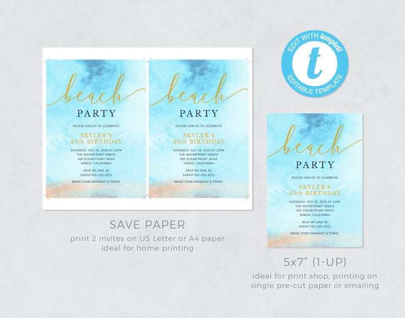 Pu&ograve; includere: Due modelli modificabili per un invito a una festa in spiaggia. L'invito presenta uno sfondo ad acquerello con onde blu e bianche e un carattere corsivo dorato che dice "beach party". Il testo dell'invito dice "Si prega di unirsi a noi per celebrare il 25&deg; compleanno di Skyler" e include la data, l'ora, il luogo e le informazioni RSVP. L'invito &egrave; disponibile in due dimensioni: 5x7 pollici e carta salva.