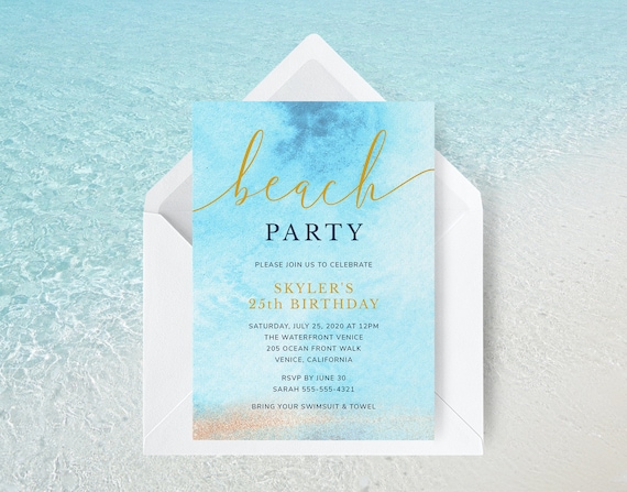 Beach Birthday Party Invitation Template, Beach Party Invite, Summer Party Invitation, Beach Watercolor Invitation, Ocean | INSTANT DOWNLOAD