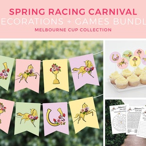 Melbourne Cup Decorations, Melbourne Cup Party Games, Bundle, Derby Banner, Cupcake Toppers, Horse theme, Printable | INSTANT DOWNLOAD