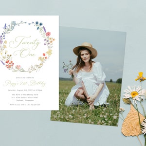 Wildflower Birthday Invitation Template, Garden Birthday Party Invite, 21st Birthday Invitation, Floral Party Invitation | INSTANT DOWNLOAD