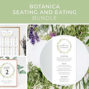 Bundle Botanische Tischkarte Menüvorlage, Namenskartenmenü, Gartensitzplan, Sitzkarten, Tischnummer, Kräuter | SOFORTIGER DOWNLOAD