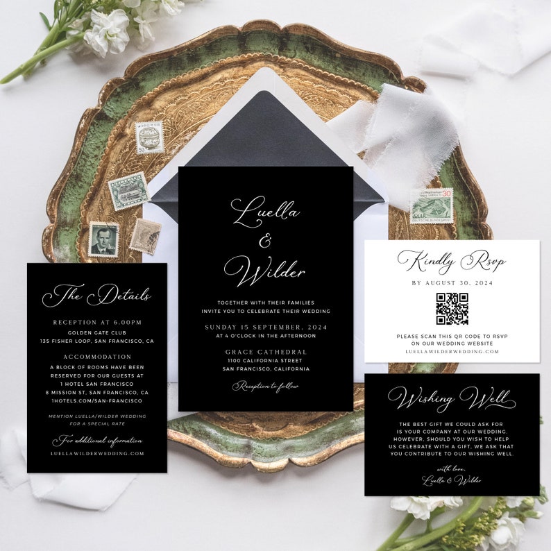 May include: A black and white wedding invitation suite with a white script font. The invitation features the names "Luella & Wilder" and the wedding date "Sunday 15 September, 2024". The RSVP card includes a QR code and the text "Kindly RSVP by August 30, 2024". The wishing well card includes the text "Wishing Well" and "The best gift we could ask for is your company at our wedding. However, should you wish to help us celebrate with a gift, we ask that you contribute to our wishing well with love, Luella & Wilder."