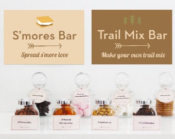 Smores Bar and Trail Mix Bar Signs, Camping Decorations, Dessert Table, Candy Buffet Decorations Printable | INSTANT DOWNLOAD