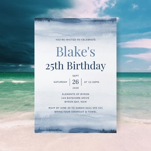 Mens Birthday Invitation Template, Beach Birthday Invitation, Summer, Any Age, 25th, 30th, 40th, Printable, Editable | INSTANT DOWNLOAD