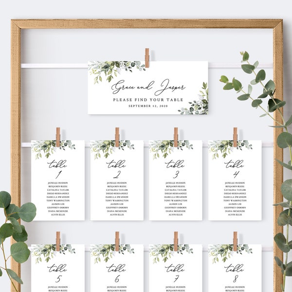 Rustic Seating Chart Template, Rustic Seating Cards, Rustic Wedding Seating Plan, Greenery, Boho, Editable | INSTANT DOWNLOAD