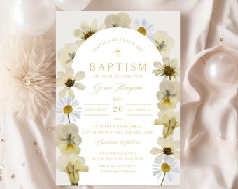 Baptism Invitation Template, Girl Baptism Invitation, Boy Baptism Invitation, White Floral Baptism, Christening Invite | INSTANT DOWNLOAD