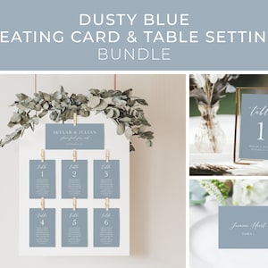 May include: A dusty blue wedding stationery bundle, including a seating chart and table setting cards. The image shows a seating plan with table numbers, a table number card in a gold frame, and a place card. Text includes "Skylar & Julian" and "Jasmine Heart".