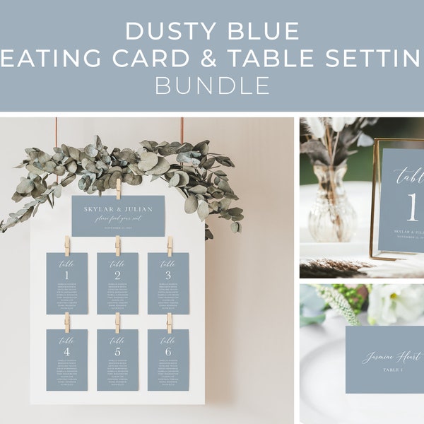Dusty Blue Wedding Seating Cards Bundle Template, Dusty Blue Seating Chart, Beach Wedding, Place Cards, Table Numbers | INSTANT DOWNLOAD