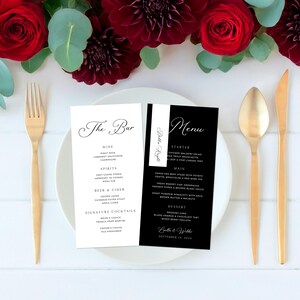 Modello di menù per matrimonio nero, segnaposto sottili, pacchetto matrimonio nero, menù minimalista, menù con nomi, menù da sera / DOWNLOAD IMMEDIATO
