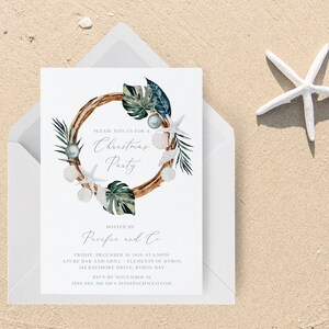May include: A white invitation card with a wreath made of driftwood, seashells, starfish, and tropical leaves. The text on the card reads "Please join us for a Christmas Party, Hosted by Pacific and Co. Friday, December 18, 2020 at 6:30pm, Azure Bar and Grill - Elements of Byron, 144 Bayshore Drive, Byron Bay, RSVP by November 20, Jess 0421 300 600, Jess@pacificco.com".