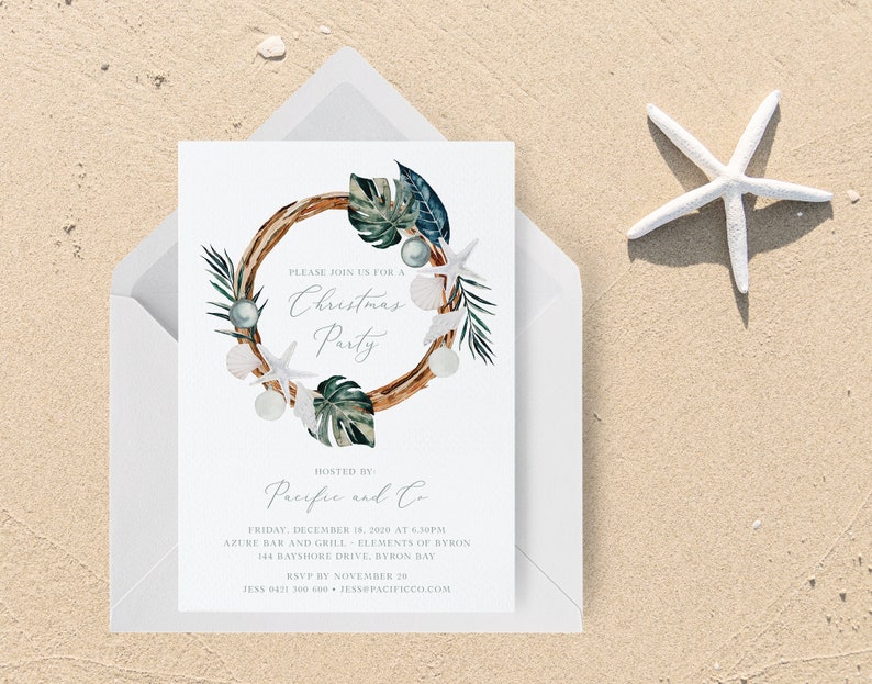 May include: A white invitation card with a wreath made of driftwood, seashells, starfish, and tropical leaves. The text on the card reads "Please join us for a Christmas Party, Hosted by Pacific and Co. Friday, December 18, 2020 at 6:30pm, Azure Bar and Grill - Elements of Byron, 144 Bayshore Drive, Byron Bay, RSVP by November 20, Jess 0421 300 600, Jess@pacificco.com".