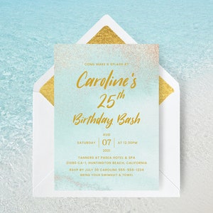 Beach Birthday Invitation, Editable Template, Beach Birthday Invite, Ocean, Pool, 25th Birthday, 21st, 30th, Any Age | INSTANT DOWNLOAD
