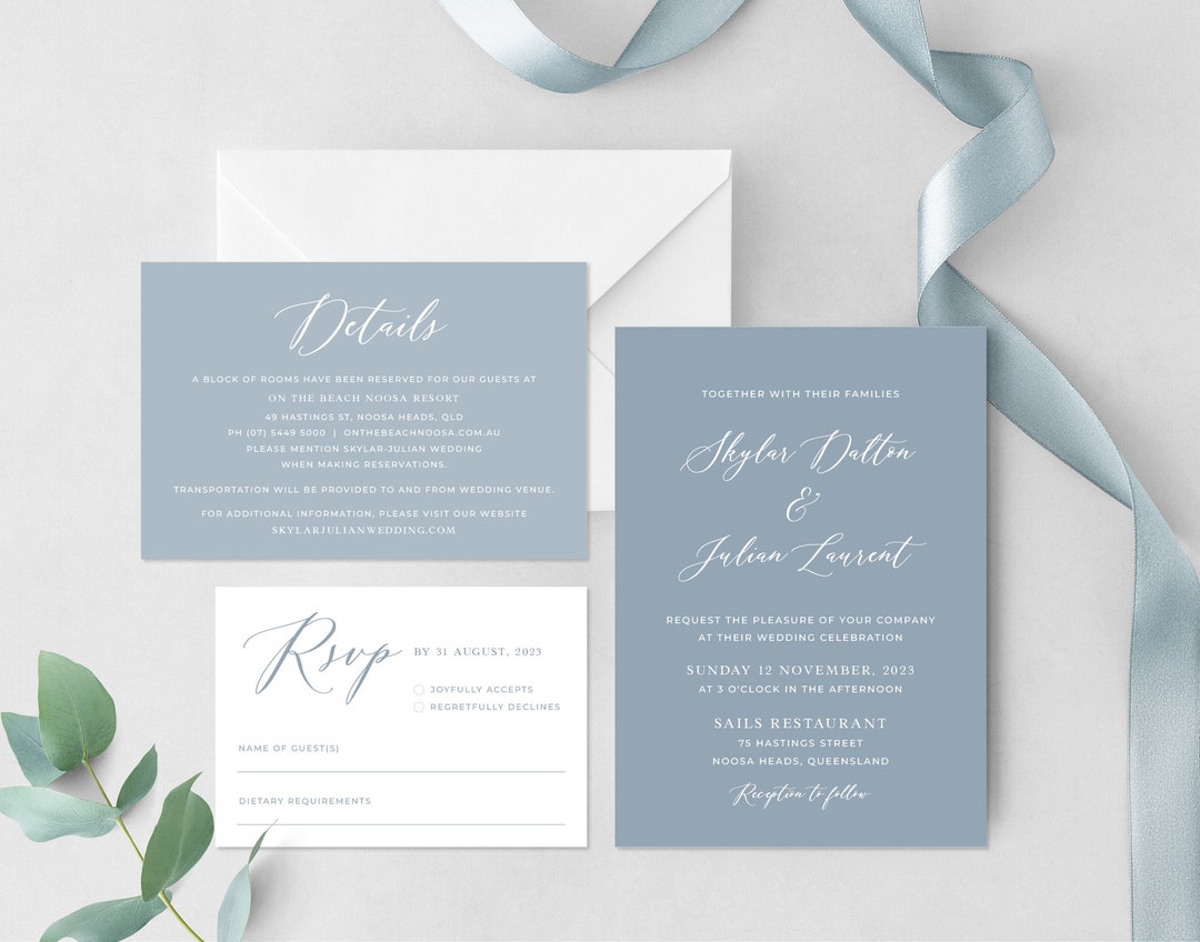 Plantilla de invitación de boda en azul polvoriento, invitación de boda en  la playa, moderna, costera, tarjeta de respuesta, tarjeta de detalles, pozo  ..., image size:1080x848