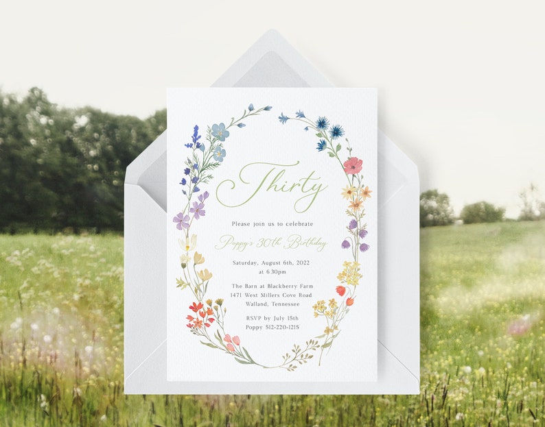 Wildflower Birthday Invitation Template, Garden Party Invite, 30th Birthday Invitation, Cottagecore, High Tea Party | INSTANT DOWNLOAD image 2