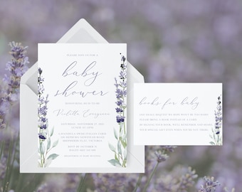 Bundle Lavender Baby Shower Invitation Template, Lavender Baby Shower, Purple Baby Shower Invite, Books for Baby Card | INSTANT DOWNLOAD