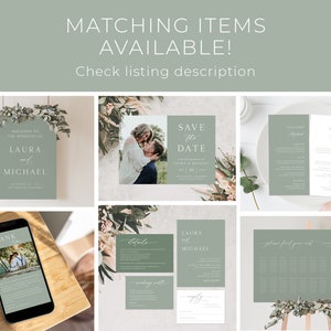 May include: A set of printable wedding stationery with a green and white color scheme. The set includes a welcome sign, save the date card, details card, seating chart, and thank you card. The cards feature a simple, elegant design with greenery and calligraphy.