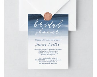 Beach Bridal Shower Invitation Template Set, Coastal Bridal Shower Invite, Blue Bridal Shower, Printable, Editable | INSTANT DOWNLOAD