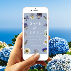 Modèle "Retenez cette date" bleu poussiéreux, "Retenez cette date numérique", "Retenez cette date" à fleurs bleues, fleurs pressées, fleurs sauvages, plage | TÉLÉCHARGEMENT IMMÉDIAT