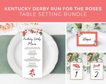 PAKET Kentucky Derby dukningsmall, Derbymeny, Derby placeringskort, bordsnummer, rött, rosor, redigerbart, mall | DIREKT NEDLADDNING