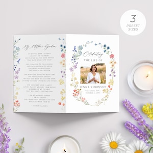 May include: A memorial card with a floral design. The card features a photo of a woman and the text "Celebrating the Life of Jenny Robinson." The card also includes a poem titled "My Mother's Garden."