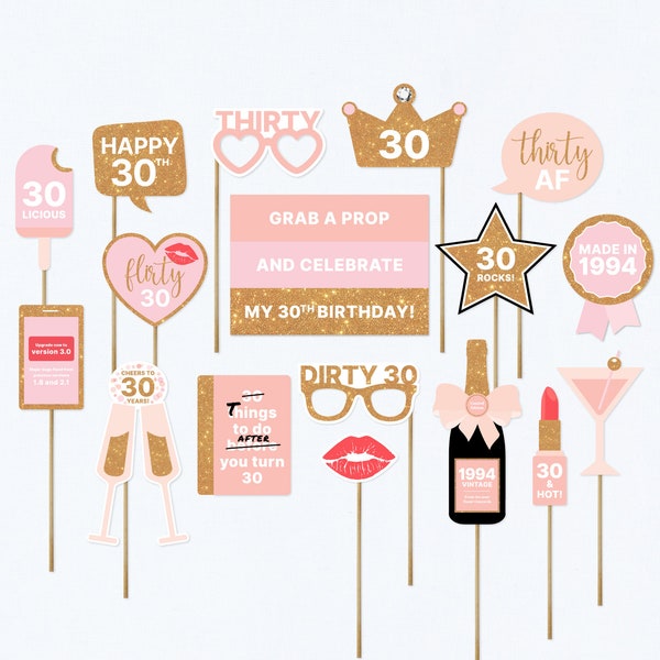 30th Birthday Photo Props, 1994, 30th Birthday Photo Booth Props, Pink Party Decorations, Blush, Gold, Printable | INSTANT DOWNLOAD