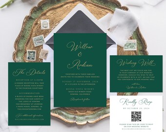 Smaragdgrüne Hochzeitseinladungs-Vorlage, Hochzeitseinladungs-Set Waldgrün, Elegant, Gold, Kalligraphie, QR Code Rsvp | DIGITALER DOWNLOAD