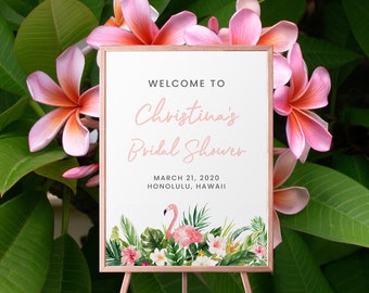 Tropical Bridal Shower Welcome Sign, Editable Template, Pink Bridal Shower, Tropical Bachelorette Party, Hens Party | INSTANT DOWNLOAD