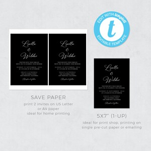 May include: Two black and white wedding invitation templates with the text "Luella & Wilder" and wedding details. The text "Save Paper" is below the invitations. The text "5x7" (1-UP) is below the single invitation template. The text "Edit with templett" is in a blue circle with a white letter "t" inside.