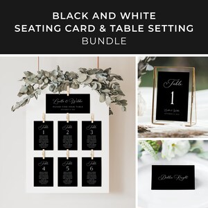 Black and White Wedding Seating Cards Bundle Template, Black Seating Chart, Elegant, Minimalist Place Card, Table Numbers | DIGITAL DOWNLOAD