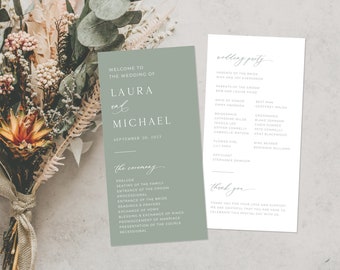 Könnte beinhalten: Eine Hochzeitseinladung mit einem salbeigrünen Hintergrund und weißem Text. Die Einladung lautet "Willkommen zur Hochzeit von Laura und Michael, 30. September 2023". Die Rückseite der Einladung listet die Hochzeitsgesellschaft auf und enthält den Text "Vielen Dank für Ihre Liebe und Unterstützung. Wir sind dankbar, dass Sie hier sind, um diesen besonderen Tag mit uns zu feiern."