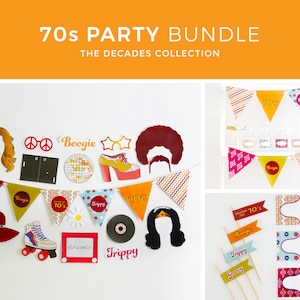 70s Party Decorations, 70s Photo Booth Props, banner, cupcake toppers, retro party, disco, printable | INSTANT DOWNLOAD