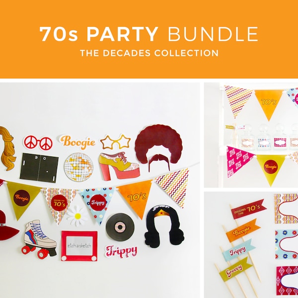 70s Party Decorations, 70s Photo Booth Props, banner, cupcake toppers, retro party, disco, printable | INSTANT DOWNLOAD