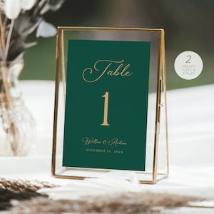 Plantilla de tarjeta de número de mesa verde esmeralda, letreros de mesa de boda esmeralda, letrero de mesa verde bosque, elegante, caligrafía / DESCARGA DIGITAL