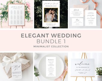 Minimalist Wedding Bundle Template, Elegant Wedding Invitation, Minimalist Welcome Sign, Elegant Seating Chart, Simple | INSTANT DOWNLOAD