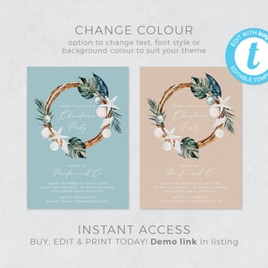 May include: Two printable Christmas party invitations with a wreath design featuring seashells, starfish, and tropical leaves. The invitations are on a blue and a beige background. The text on the invitations reads "Please join us for a Christmas Party" and "Hosted by:  Perifee and Co."