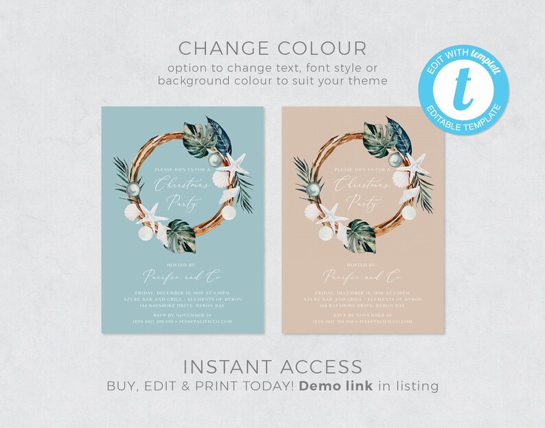 May include: Two printable Christmas party invitations with a wreath design featuring seashells, starfish, and tropical leaves. The invitations are on a blue and a beige background. The text on the invitations reads "Please join us for a Christmas Party" and "Hosted by:  Perifee and Co."