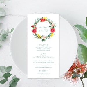 Plantilla de menú de tarjeta de lugar de Navidad australiana, flores nativas, menú de cena de Navidad, menú de nombre de invitado, cepillo de botella / DESCARGA INSTANTÁNEA