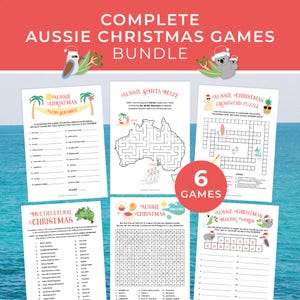 May include: A bundle of six Aussie Christmas games, including a word scramble, maze, crossword puzzle, and word search. The bundle features a red and white banner with the text "COMPLETE AUSSIE CHRISTMAS GAMES BUNDLE".