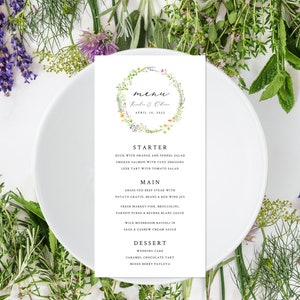 Plantilla de menú de boda en el jardín, menú de boda floral, menú de flores y hierbas, menú de fiesta en el jardín, menú botánico, lavanda / DESCARGA INSTANTÁNEA