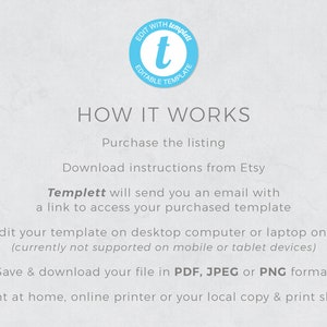 May include: A blue circle with the text "EDIT WITH Templett EDITABLE TEMPLATE" and the letter "t" in the center. The text "HOW IT WORKS" is below the circle. The text below explains how to purchase, download, edit, and print a template using Templett.