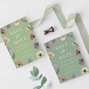 de carte "Retenez cette date" vert sauge, carte "retenez cette date" pour mariage dans le jardin, carte "retenez cette date" fleurs pressées, fleurs | TÉLÉCHARGEMENT IMMÉDIAT