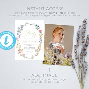 Wildflower Birthday Invitation Template, Garden Party Invite, 30th Birthday Invitation, Cottagecore, High Tea Party | INSTANT DOWNLOAD image 3