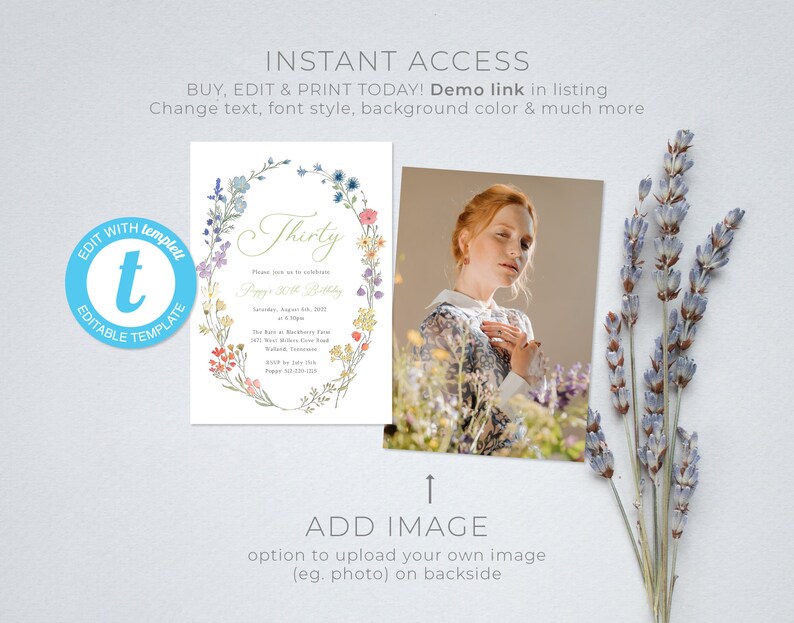 Wildflower Birthday Invitation Template, Garden Party Invite, 30th Birthday Invitation, Cottagecore, High Tea Party | INSTANT DOWNLOAD image 3