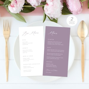 Modèle de menu de mariage lavande, Menu de mariage violet, Menu de mariage minimaliste, Menu de bar, Menu de mariage lilas | TÉLÉCHARGEMENT IMMÉDIAT