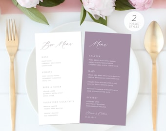 Lavender Wedding Menu Template, Purple Wedding Menu, Minimalist Wedding Menu, Bar Menu, Lilac Wedding Menu | INSTANT DOWNLOAD