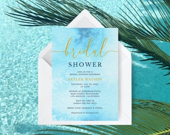 Beach Bridal Shower Invitation Template, Pool Bridal Shower Invitation, Ocean, Bachelorette Party, Editable, Printable | INSTANT DOWNLOAD