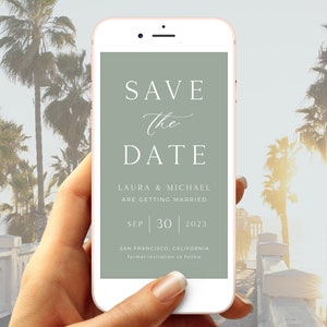 May include: A mobile phone screen displaying a save the date announcement for Laura & Michael's wedding on September 30, 2023 in San Francisco, California. The announcement is on a green background with white text.