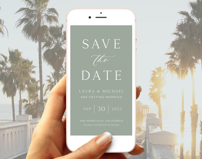 May include: A mobile phone screen displaying a save the date announcement for Laura & Michael's wedding on September 30, 2023 in San Francisco, California. The announcement is on a green background with white text.