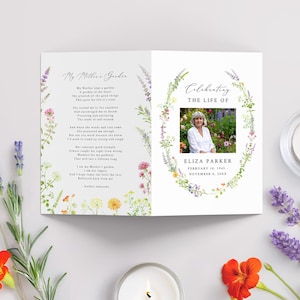 May include: A memorial card with a floral design and the text "My Mother's Garden" and "Celebrating the Life of Eliza Parker." The card features a photo of a woman and a poem.